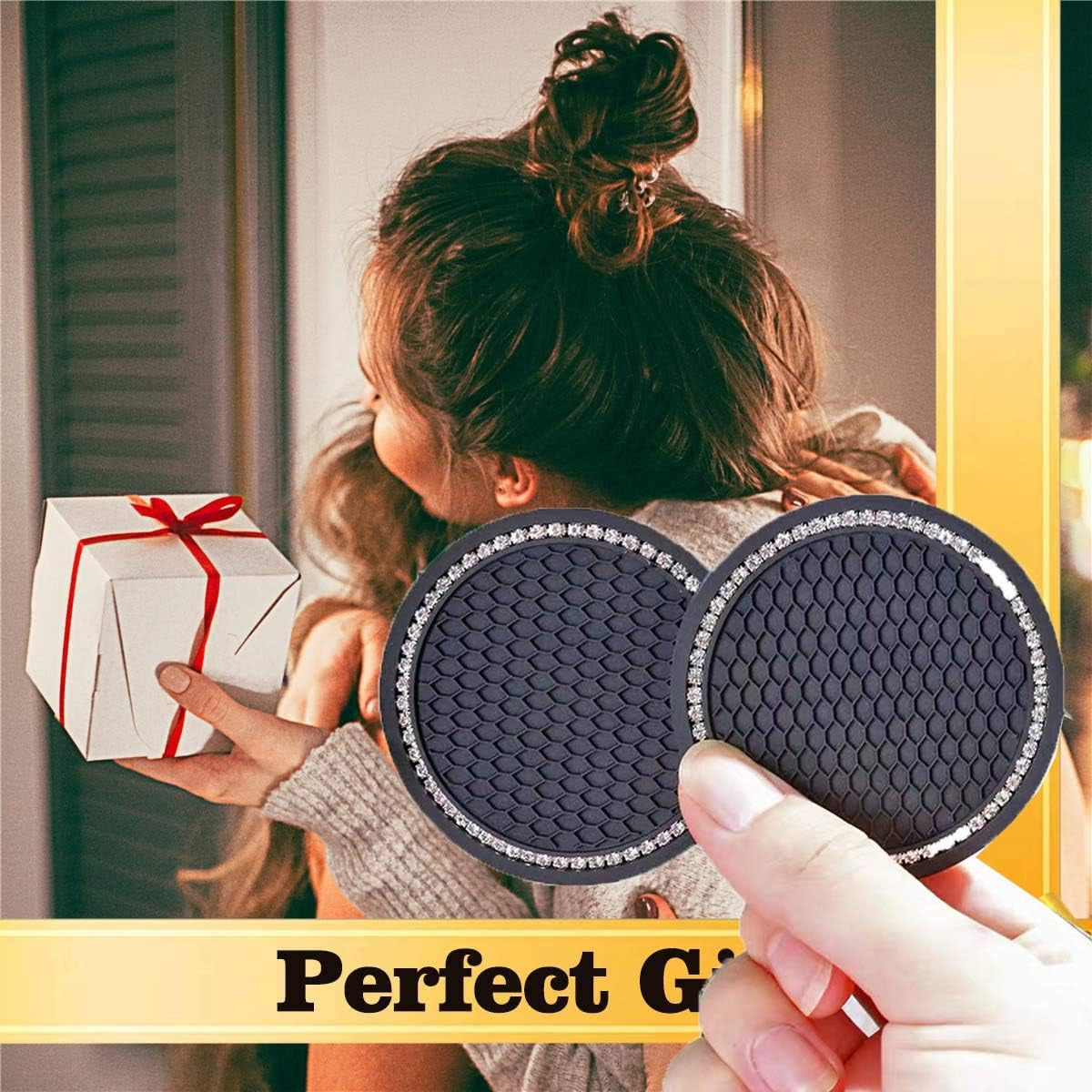 Bling Car Cup Coaster 2PCS, Bling Car Accessories 2.75 Inch,Full Rhinestone anti Slip Insert Coaster, Suitable for Most Car Interior, Car Bling for Women,Party,Birthday,Gift (Coal)