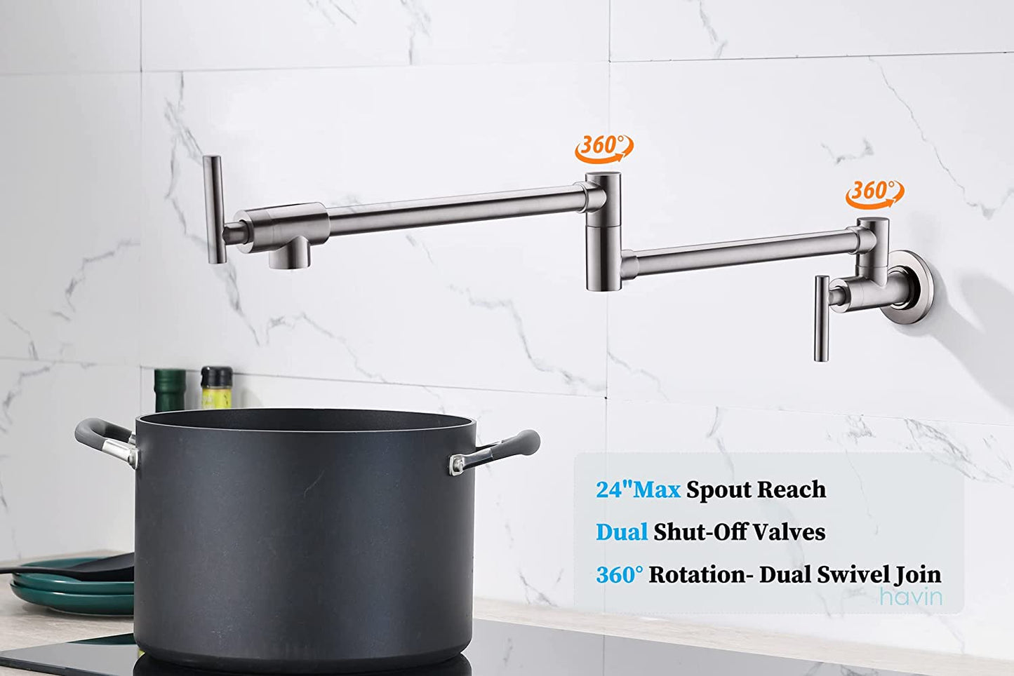Brass Pot Filler, Wall Mount Commercial Pot Filler, Brass Copper Material Kitchen Folding Faucet, Coffee Machine Faucet with Stretchable Double Joint Swing Arms, Style A, Brushed Nickel