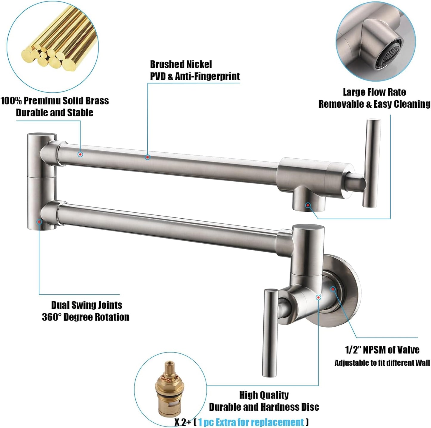 Brass Pot Filler, Wall Mount Commercial Pot Filler, Brass Copper Material Kitchen Folding Faucet, Coffee Machine Faucet with Stretchable Double Joint Swing Arms, Style A, Brushed Nickel