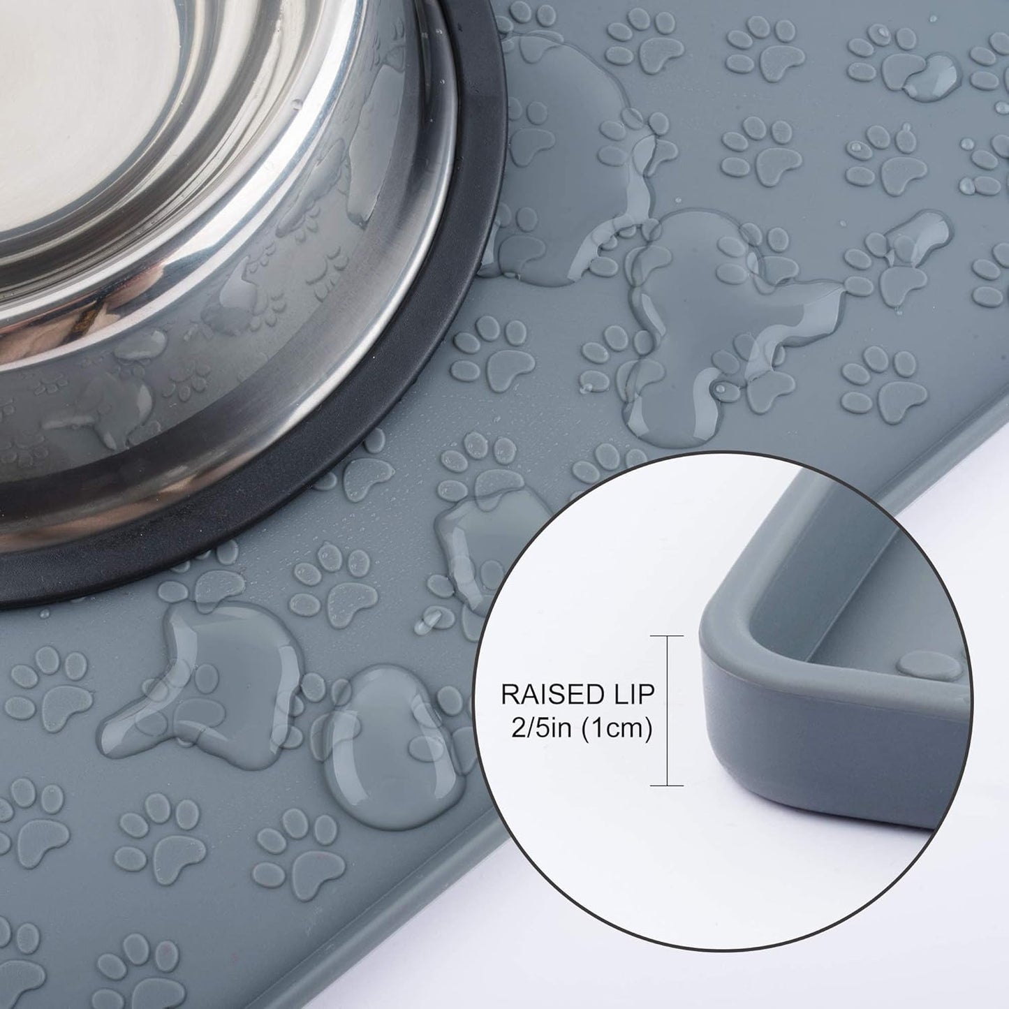 Dog Food Mat, Silicone Waterproof Cat Feeding Mat Raised Edges, Nonslip Pet Placemat Bowl Tray to Stop Food Spills and Water Messes Out to Floor (Grey, L: 60X40Cm/23.6X15.7In)