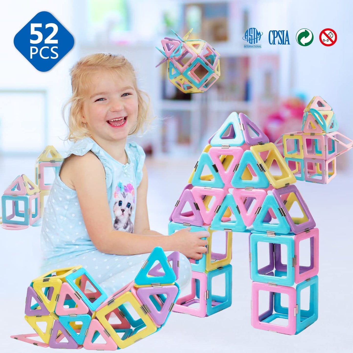 Magnetic Tiles Travel Toys for Kids 52PCS, Airplane Travel Essential Activities Magnet Building Toys for Boys Girls 3-8 Road Trip Sensory Toy, Educational Gifts for Toddler 3 4 5 Year Old