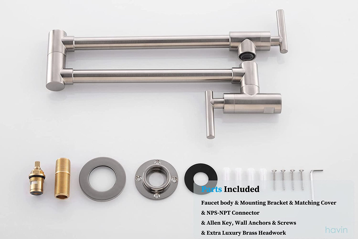 Brass Pot Filler, Wall Mount Commercial Pot Filler, Brass Copper Material Kitchen Folding Faucet, Coffee Machine Faucet with Stretchable Double Joint Swing Arms, Style A, Brushed Nickel