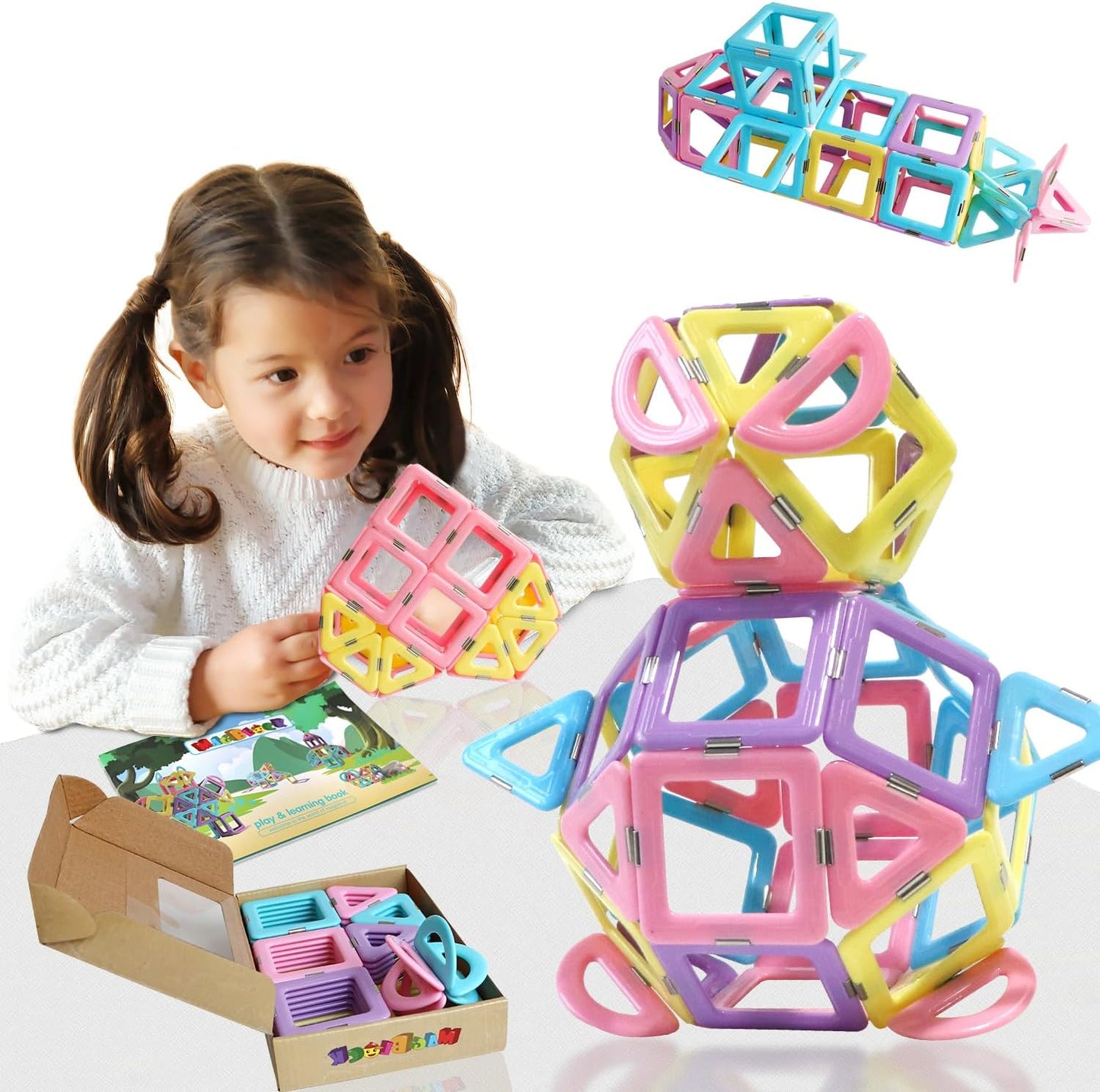Magnetic Tiles Travel Toys for Kids 52PCS, Airplane Travel Essential Activities Magnet Building Toys for Boys Girls 3-8 Road Trip Sensory Toy, Educational Gifts for Toddler 3 4 5 Year Old