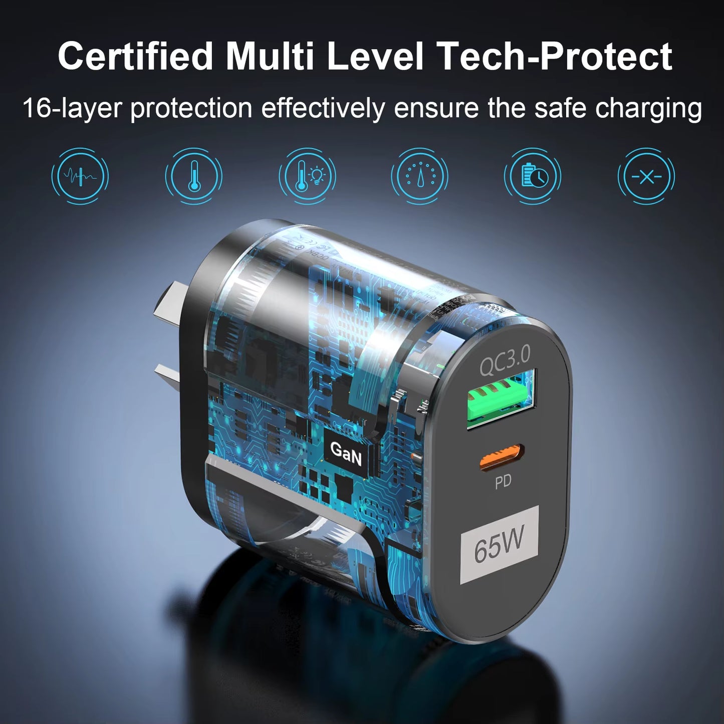 65W Gan USB Charger AU EU US UK Plug Fast Charging Tablet Laptop USB C Quick Charge QC 3.0 Mobile Phone Charger Travel