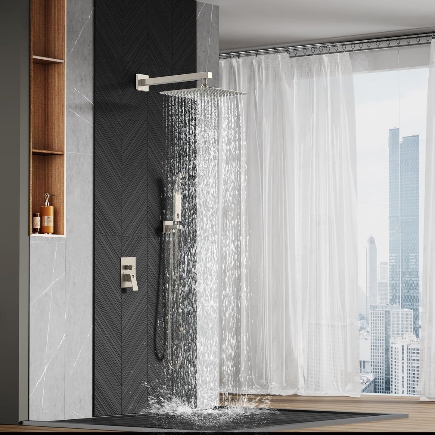 12 Inches Bathroom Luxury Rain Mixer Shower Combo Set Wall Mounted Rainfall Shower Head System Brushed Nickel Finish Shower Faucet Rough-In