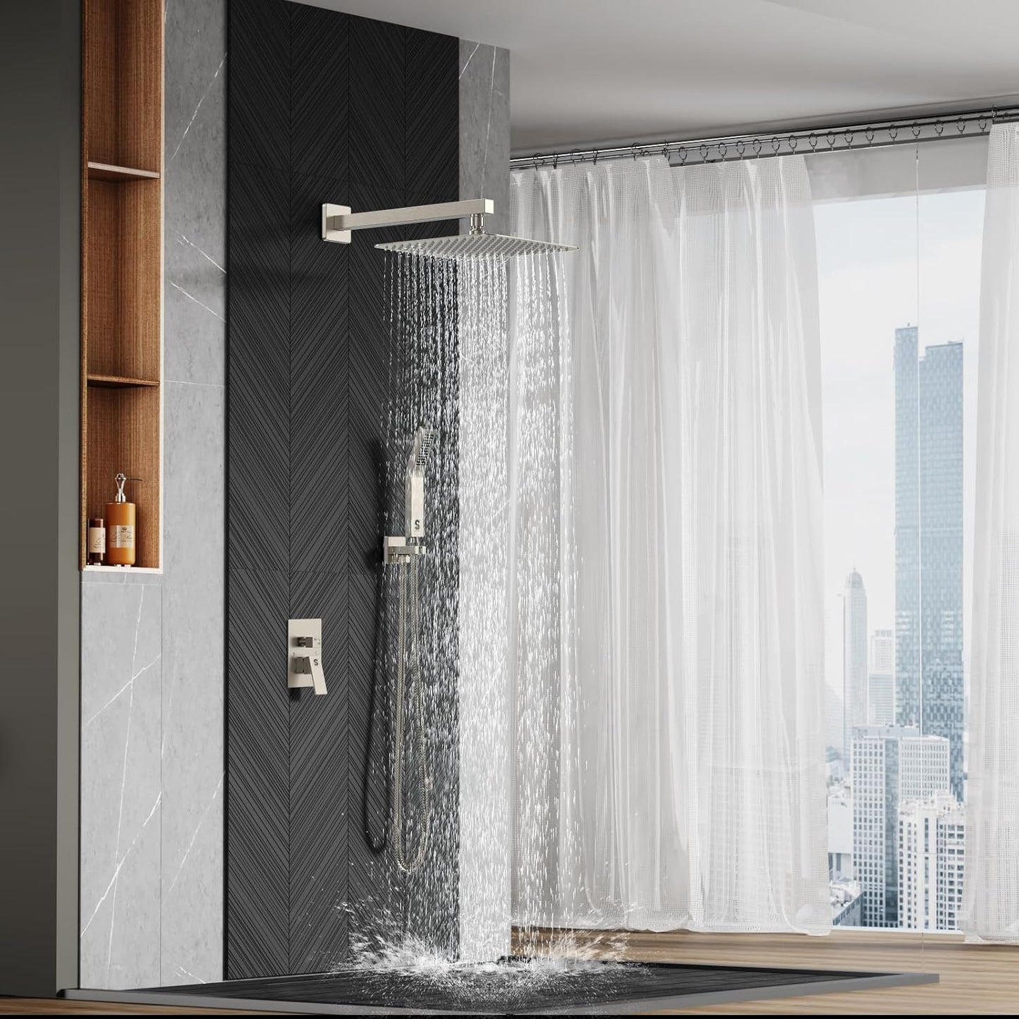 12 Inches Bathroom Luxury Rain Mixer Shower Combo Set Wall Mounted Rainfall Shower Head System Brushed Nickel Finish Shower Faucet Rough-In