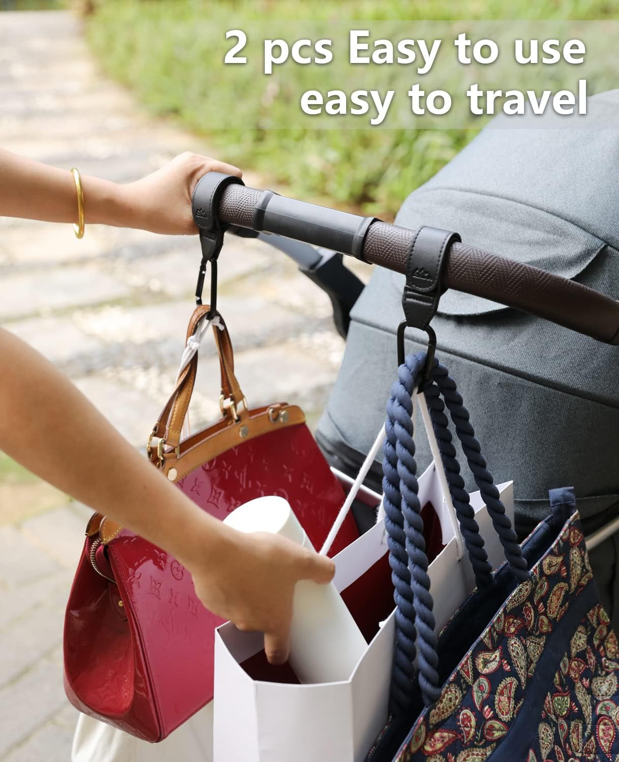 Yueqian Stroller Hooks Bag Hooks for Hanging Diaper Bags Multipurpose Hooks for Grocery Shopping Bags Premium Vegan Leather Pram Straps Baby Stroller Hooks 2Pcs (Black)