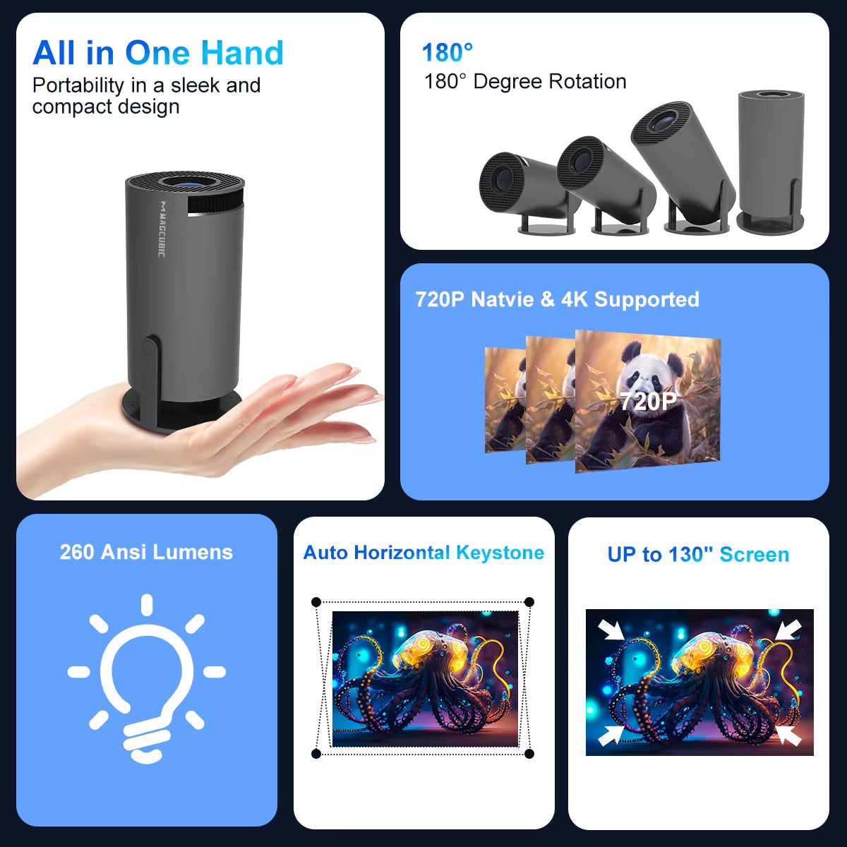 Projector Android11 4K 1280*720P HY300 Pro Dual Wifi 260ANSI 180 Flexible BT5.0 Cinema Outdoor Portable Projetor