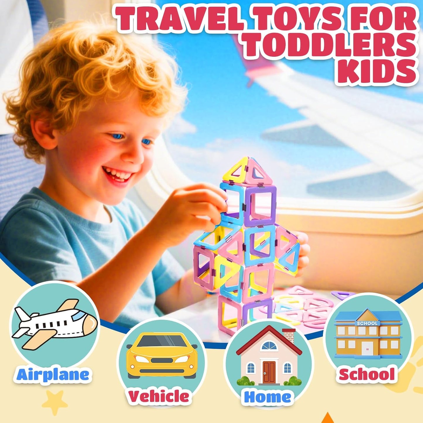 Magnetic Tiles Travel Toys for Kids 52PCS, Airplane Travel Essential Activities Magnet Building Toys for Boys Girls 3-8 Road Trip Sensory Toy, Educational Gifts for Toddler 3 4 5 Year Old