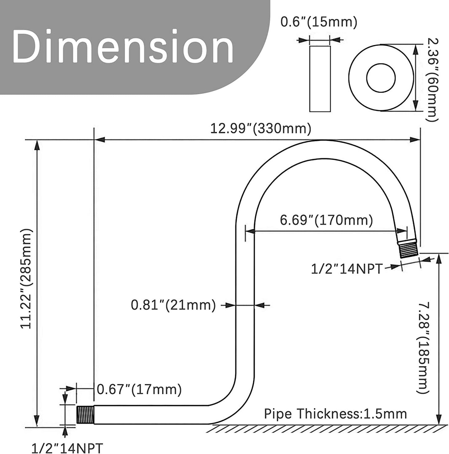 High Rise S Shape Shower Arm and Flange, Matte Black Shower Head Extension Arm