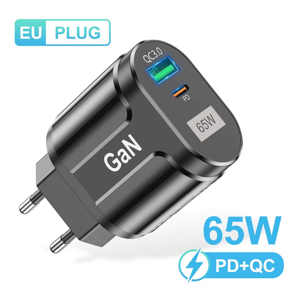 65W Gan USB Charger AU EU US UK Plug Fast Charging Tablet Laptop USB C Quick Charge QC 3.0 Mobile Phone Charger Travel