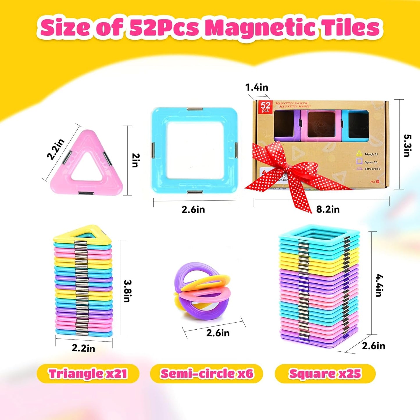Magnetic Tiles Travel Toys for Kids 52PCS, Airplane Travel Essential Activities Magnet Building Toys for Boys Girls 3-8 Road Trip Sensory Toy, Educational Gifts for Toddler 3 4 5 Year Old