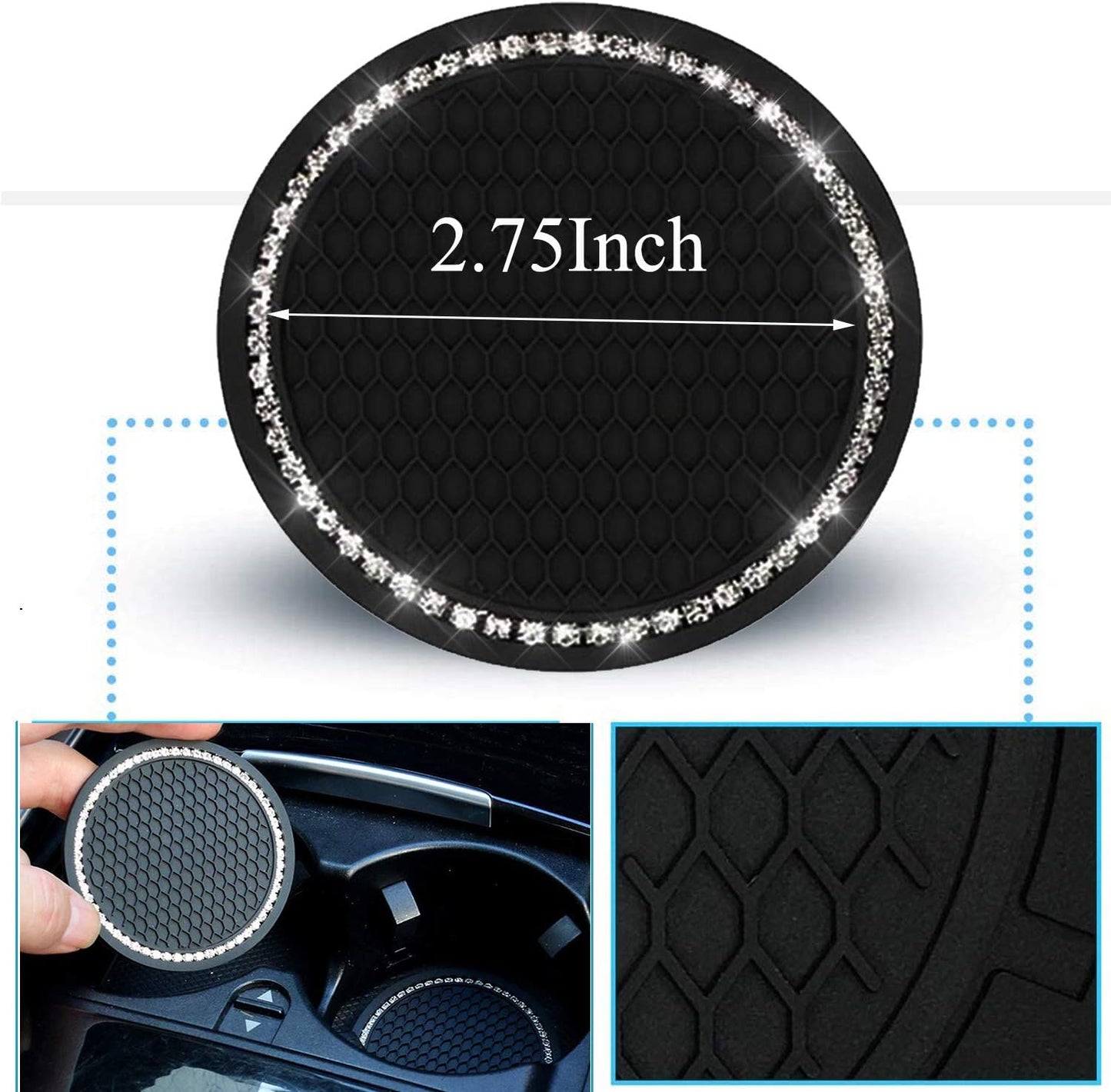 Bling Car Cup Coaster 2PCS, Bling Car Accessories 2.75 Inch,Full Rhinestone anti Slip Insert Coaster, Suitable for Most Car Interior, Car Bling for Women,Party,Birthday,Gift (Coal)