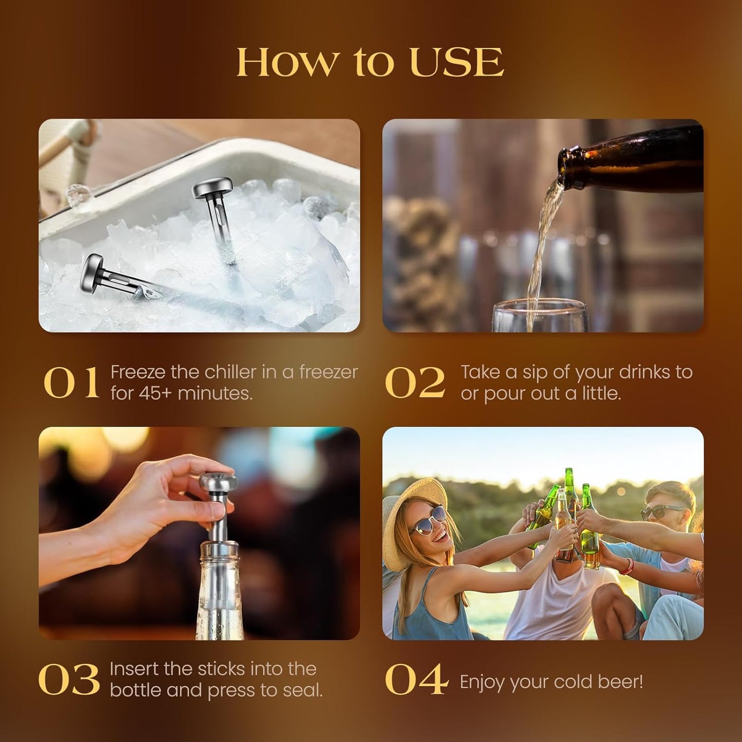 4-Pack Beer Chiller Stick for Bottles, Wine Chiller, 3-In-1 Stainless Steel Wine Bottle Cooler Stick, Unique Father’S Day Beer Gifts for Men, Birthday, Melts Slowly to Retain Drinks Full Flavor