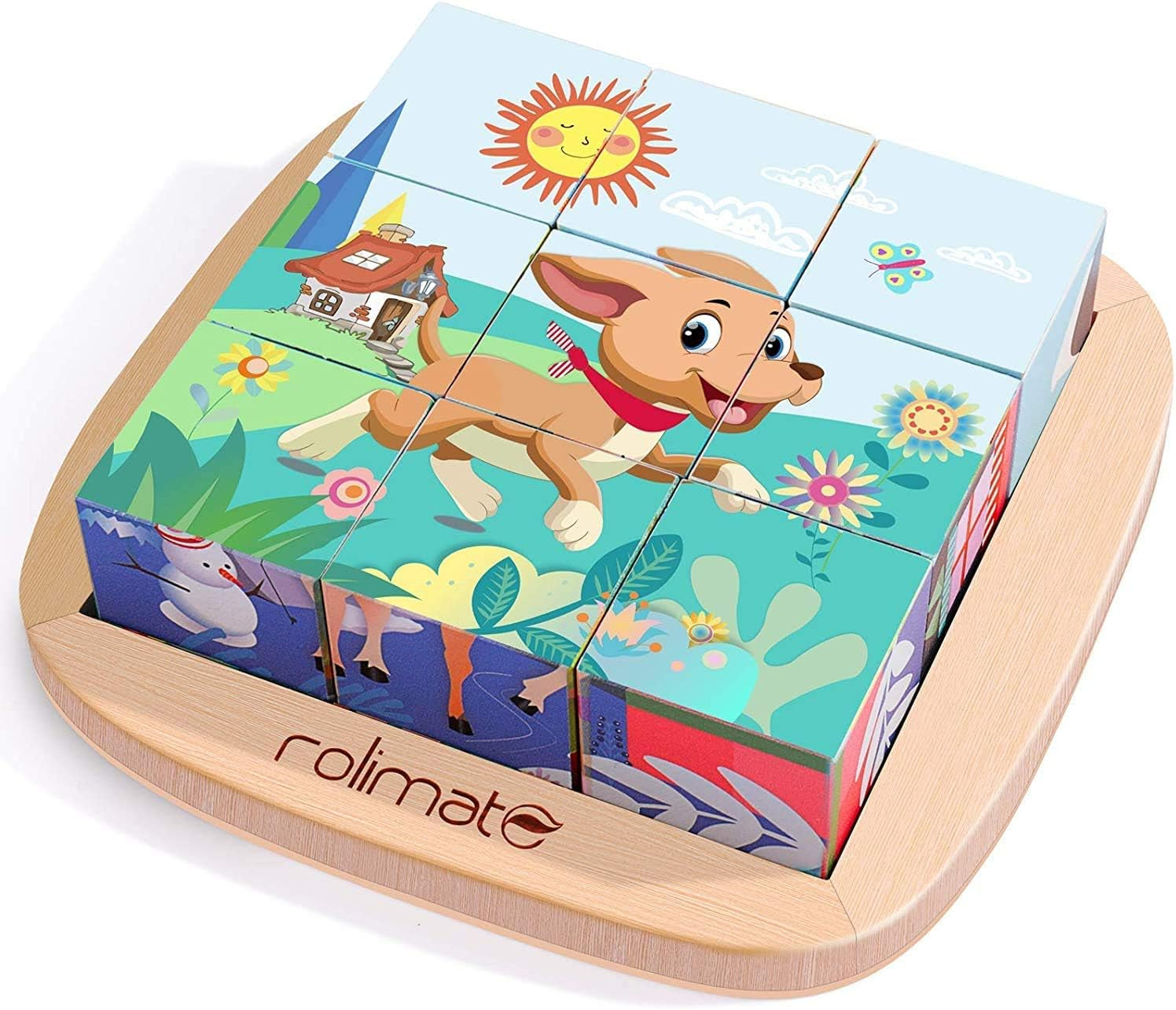 Wooden Puzzles for Toddlers Kids, [Upgraded for Child Safety] 6 in 1 Wood Block Cubes Puzzles with Convenient & Durable Tray, Pegged Puzzles for 2 3 4 5 Years Preschool Girl Boy (Dog)