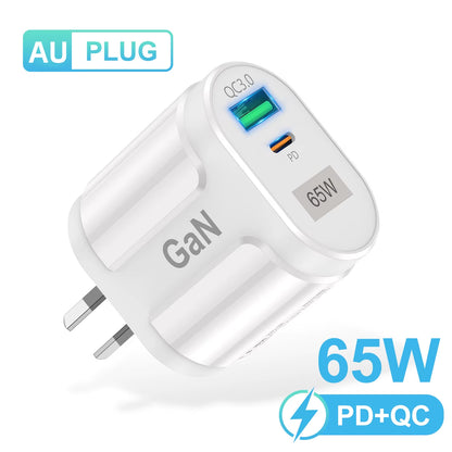65W Gan USB Charger AU EU US UK Plug Fast Charging Tablet Laptop USB C Quick Charge QC 3.0 Mobile Phone Charger Travel
