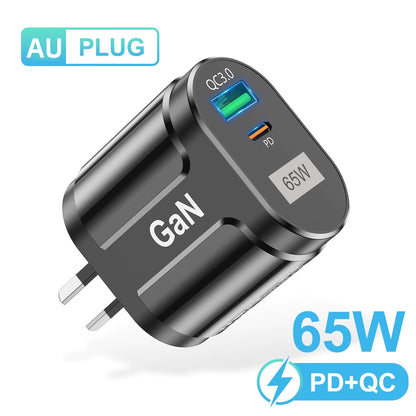 65W Gan USB Charger AU EU US UK Plug Fast Charging Tablet Laptop USB C Quick Charge QC 3.0 Mobile Phone Charger Travel
