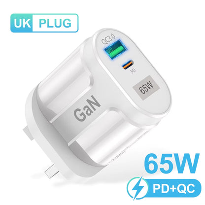 65W Gan USB Charger AU EU US UK Plug Fast Charging Tablet Laptop USB C Quick Charge QC 3.0 Mobile Phone Charger Travel