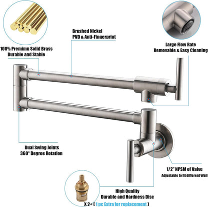 Brass Pot Filler, Wall Mount Commercial Pot Filler, Brass Copper Material Kitchen Folding Faucet, Coffee Machine Faucet with Stretchable Double Joint Swing Arms, Style A, Brushed Nickel
