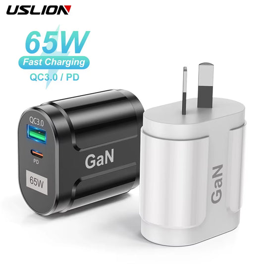 65W Gan USB Charger AU EU US UK Plug Fast Charging Tablet Laptop USB C Quick Charge QC 3.0 Mobile Phone Charger Travel