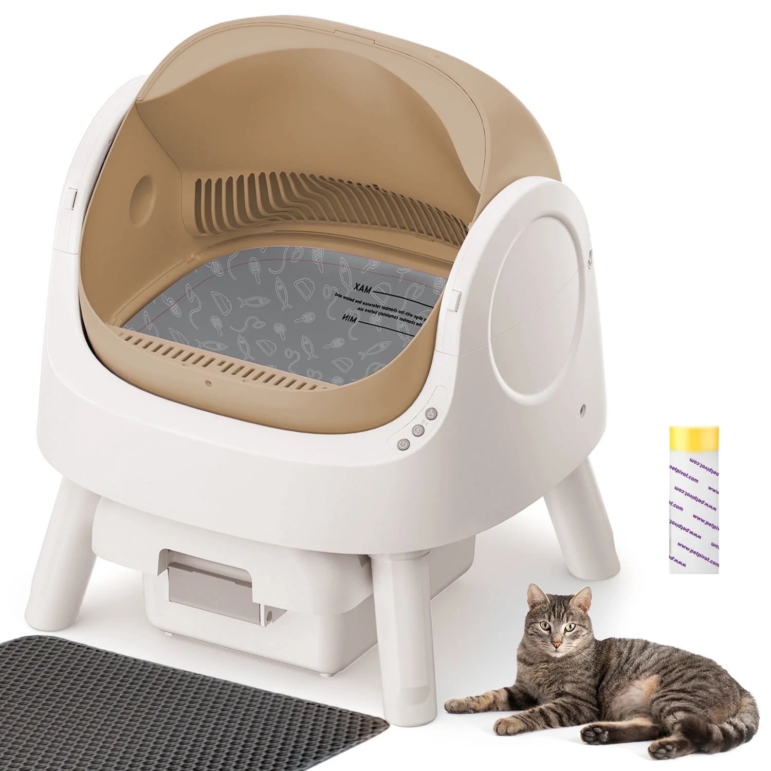 Large Open-Top Automatic Cat Litter Box Self Cleaning with Safety Protection, Mat and Trash Bags Included, Brown
