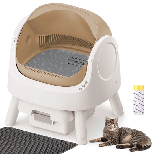 Large Open-Top Automatic Cat Litter Box Self Cleaning with Safety Protection, Mat and Trash Bags Included, Brown