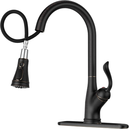 Pull down Kitchen Faucet with Sprayer Oil Rubbed Bronze, Single Handle One Hole High Arc Pull Out Spray Head Kitchen Sink Faucet with Deck Plate
