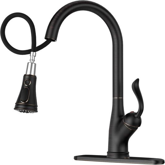 Pull down Kitchen Faucet with Sprayer Oil Rubbed Bronze, Single Handle One Hole High Arc Pull Out Spray Head Kitchen Sink Faucet with Deck Plate