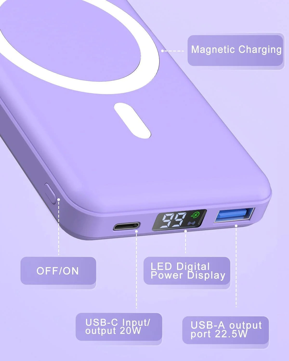 Wireless Portable Charger, 10000Mah Magnetic Power Bank LED Display 22.5W PD Fast Charging Battery Pack for Iphone 16/15/14/13/12/Mini/Pro/Pro Max-Purple