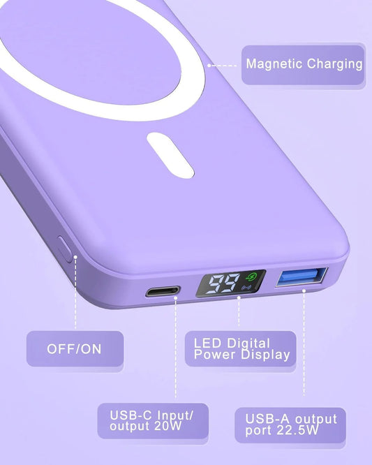 Wireless Portable Charger, 10000Mah Magnetic Power Bank LED Display 22.5W PD Fast Charging Battery Pack for Iphone 16/15/14/13/12/Mini/Pro/Pro Max-Purple