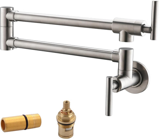 Brass Pot Filler, Wall Mount Commercial Pot Filler, Brass Copper Material Kitchen Folding Faucet, Coffee Machine Faucet with Stretchable Double Joint Swing Arms, Style A, Brushed Nickel