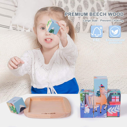 Wooden Puzzles for Toddlers Kids, [Upgraded for Child Safety] 6 in 1 Wood Block Cubes Puzzles with Convenient & Durable Tray, Pegged Puzzles for 2 3 4 5 Years Preschool Girl Boy (Dog)