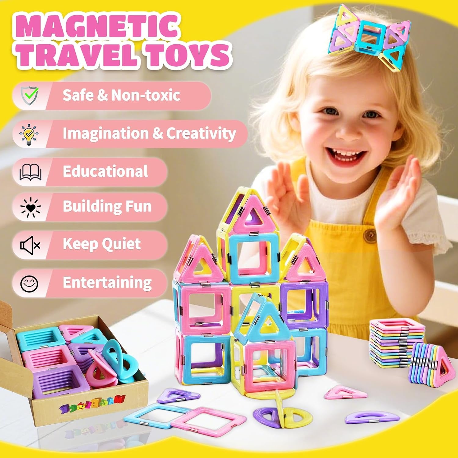 Magnetic Tiles Travel Toys for Kids 52PCS, Airplane Travel Essential Activities Magnet Building Toys for Boys Girls 3-8 Road Trip ‌Sensory Toy, Educational Gifts for Toddler 3 4 5 Year Old