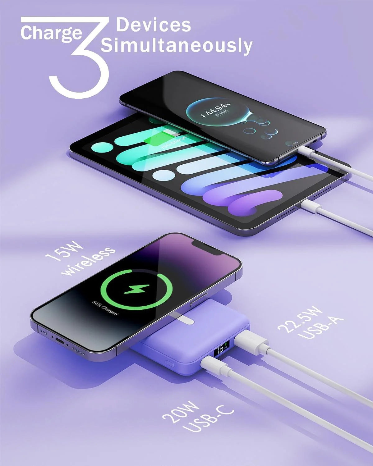 Wireless Portable Charger, 10000Mah Magnetic Power Bank LED Display 22.5W PD Fast Charging Battery Pack for Iphone 16/15/14/13/12/Mini/Pro/Pro Max-Purple