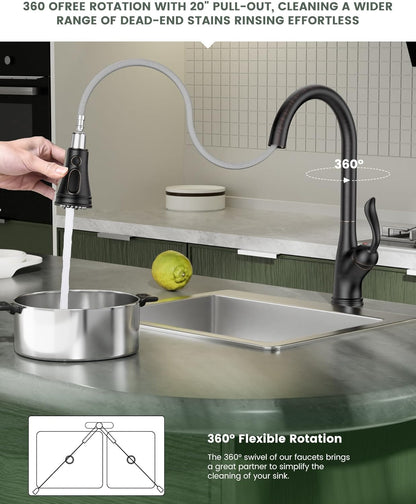 Pull down Kitchen Faucet with Sprayer Oil Rubbed Bronze, Single Handle One Hole High Arc Pull Out Spray Head Kitchen Sink Faucet with Deck Plate