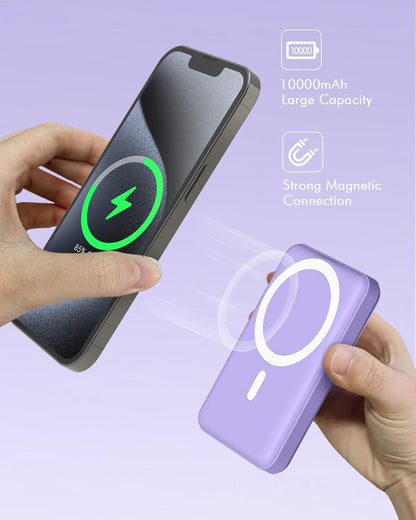 Wireless Portable Charger, 10000Mah Magnetic Power Bank LED Display 22.5W PD Fast Charging Battery Pack for Iphone 16/15/14/13/12/Mini/Pro/Pro Max-Purple