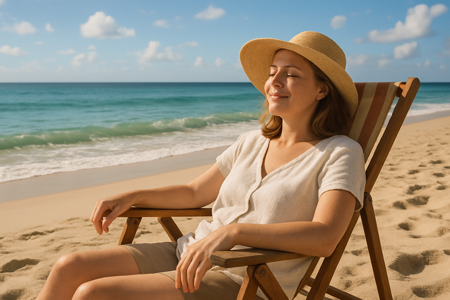 white woman sitting down on a chair in a beach